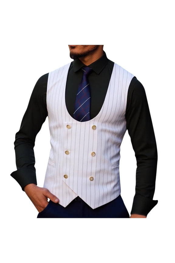 Men's Double Breasted Strip Suit Vest Slim Fit Business formal Dress Waistcoat Solid Color Vest for Suit or Tuxedo White