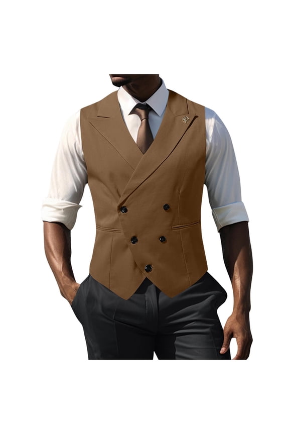 Men's Double Breasted Suit Vest Business British Style Dress Waistcoat V-Neck Tuxedo Vests for formal Wedding Coffee