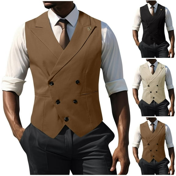 RYDCOT Men's Double Breasted Suit Vest Business British Style Dress Waistcoat V-Neck Tuxedo Vests for formal Wedding Coffee