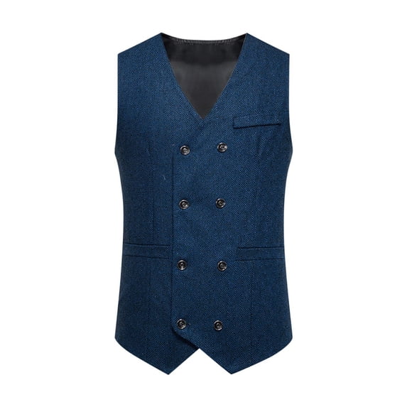 RYDCOT Men's Double-Breasted Suit Vests Wool Tweed Herringbone Vest V Neck Slim Fit Waistcoat formal Business Retro for Wedding Blue