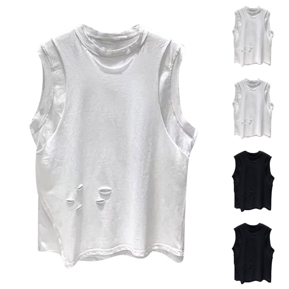 RYDCOT Men's Double-Layer Sleeveless Y2k Tank Tops Crew Neck Sleeveless Fashion Pure Cotton Shirts Streetwear White