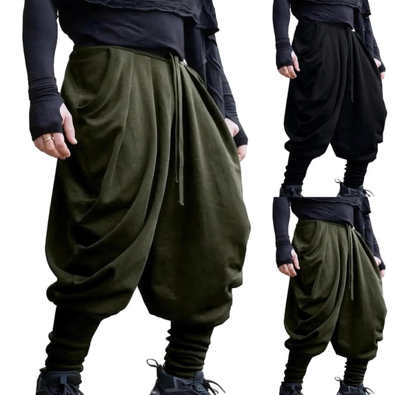 RYDCOT Men's Drawstring Aladdin Hippie Harem Pants Loose Drop Crotch Trousers Ankle Banded Pirate Pants, Viking Costume Black