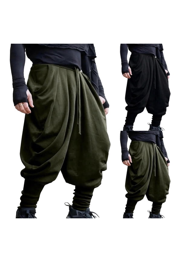 Men's Drawstring Aladdin Hippie Harem Pants Loose Drop Crotch Trousers Ankle Banded Pirate Pants, Viking Costume Black