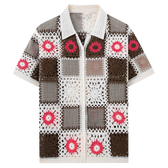 RYDCOT Men's Ethnic Style Knit Shirts Short Sleeve Button Down Shirt Crochet Hollow Out Summer Beach Top Vintage Vacation Wear Multicolor