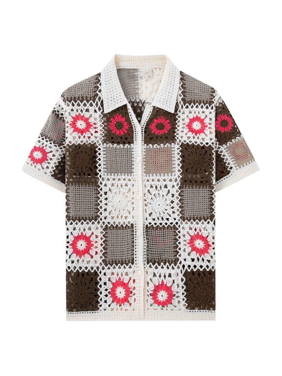 Men's Ethnic Style Knit Shirts Short Sleeve Button Down Shirt Crochet Hollow Out Summer Beach Top Vintage Vacation Wear Multicolor