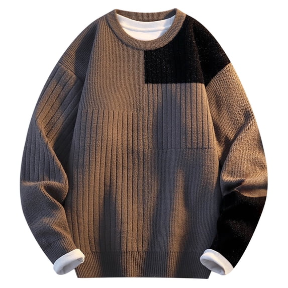 RYDCOT Men's Fall and Winter Knitted Sweater Long Sleeve Round Neck Color Block Round Neck Pullover Knitted Sweater Khaki