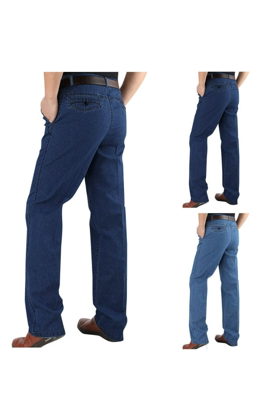Men's Fashion Casual Elastic Waist Jeans Stretch High Waisted Straight Leg Denim Pants Light Blue
