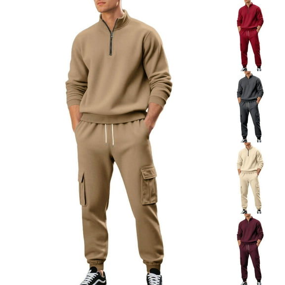 RYDCOT Men's Fashion Casual Sweatsuit Sets Half Zip Stand up Collar Long Sleeved Top and Sports Pocket Elastic Waist Drawstring Long Pants Tracksuits for Men 2 Piece Set Wine