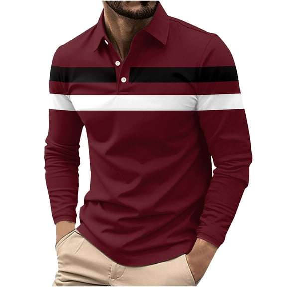 RYDCOT Men's Fashion Shirts Casual Long Sleeve Shirts Color Block Mesh Fabric Lapel Tops Wine