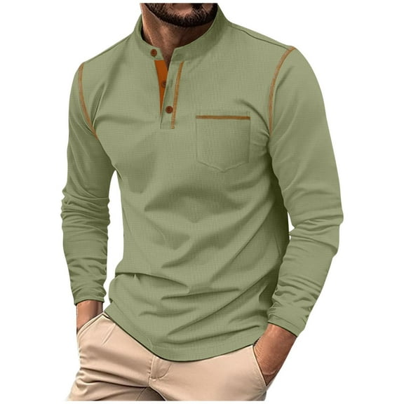 RYDCOT Men's Fashion Stand up Collar Button Shirts Casual Long Sleeve Shirts Color Block Waffle Tops Army Green