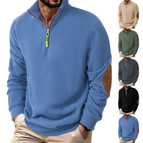 RYDCOT Men's Fashion Sweatshirts Fall Polar Fleece Pullover Ribbed Stand Collar Winter Midweight Warm Outdoor Quarter Zipper Stretch Fleece Lined Sweater Sky Blue