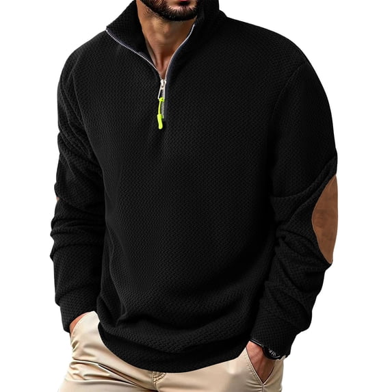 RYDCOT Men's Fashion Sweatshirts Fall Polar Fleece Pullover Ribbed Stand Collar Winter Midweight Warm Outdoor Quarter Zipper Stretch Fleece Lined Sweater Black