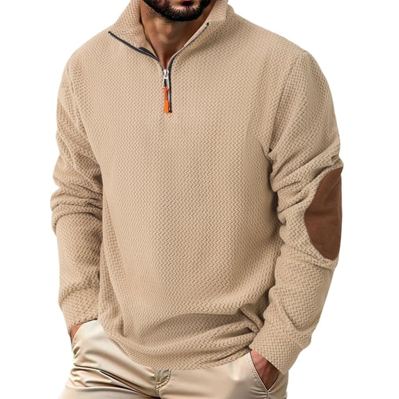 RYDCOT Men's Fashion Sweatshirts Fall Polar Fleece Pullover Ribbed Stand Collar Winter Midweight Warm Outdoor Quarter Zipper Stretch Fleece Lined Sweater Khaki