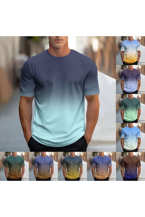 Men's Fashionable Casual Gradient Color Sports T-Shirt Short Sleeve Crewneck Top Yellow