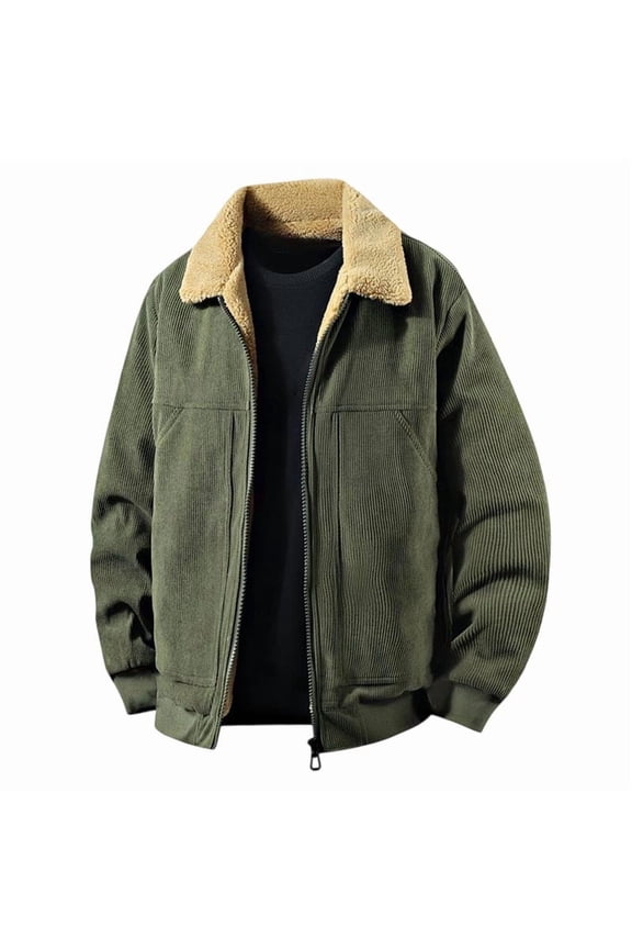 Men's Fashionable Casual Vintage Corduroy Jackets Lapel Button Down Thickened Winter Coats Army Green