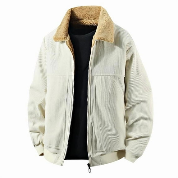 RYDCOT Men's Fashionable Casual Vintage Corduroy Jackets Lapel Button Down Thickened Winter Coats Beige