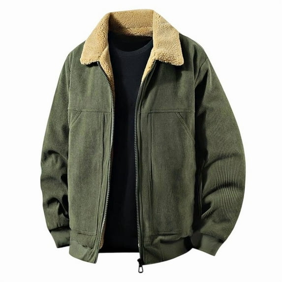 RYDCOT Men's Fashionable Casual Vintage Corduroy Solid Color Jackets Lapel ZipThickened Winter Coats Army Green M(M)