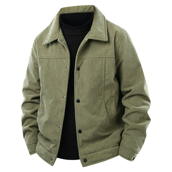 RYDCOT Men's Fashionable and Casual Corduroy Jacket Winter Warm Solid Color Long Sleeved Lapel Thick Coat Army Green