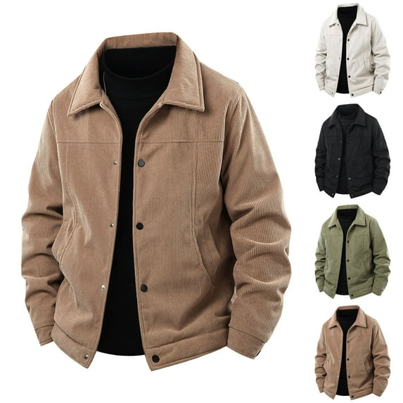 RYDCOT Men's Fashionable and Casual Corduroy Jacket Winter Warm Solid Color Long Sleeved Lapel Thick Coat White