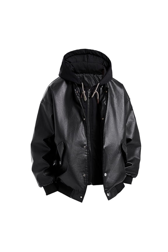 Men's Faux Leather Jacket Stand Collar Motorcycle Bomber Jackets with Removable Hood Black