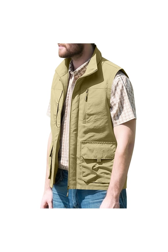 Men's Fishing Vest Utility Sai Travel Vest with Muti Pockets Lightweight Outdoor Work Photo Cargo Fly Summer Vest Khaki