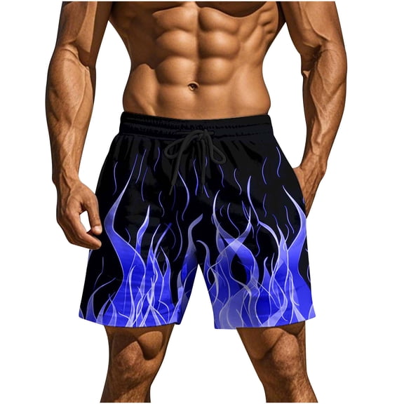 RYDCOT Men's Flame Pattern Shorts, Casual Elastic Waist Drawstring Shorts Lightweight Summer Stretch Beach Short with Pockets Dark Blue