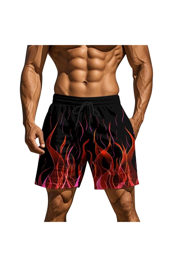 Men's Flame Pattern Shorts, Casual Elastic Waist Drawstring Shorts Lightweight Summer Stretch Beach Short with Pockets Red