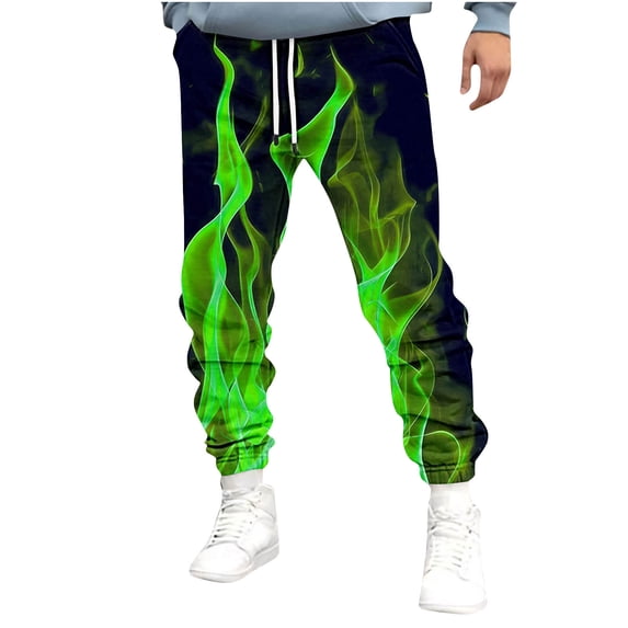 RYDCOT Men's Flame Printed Fashionable Sweatpants Elastic Waist Drawstring Jogger Athletic Workout Warm Pants Green