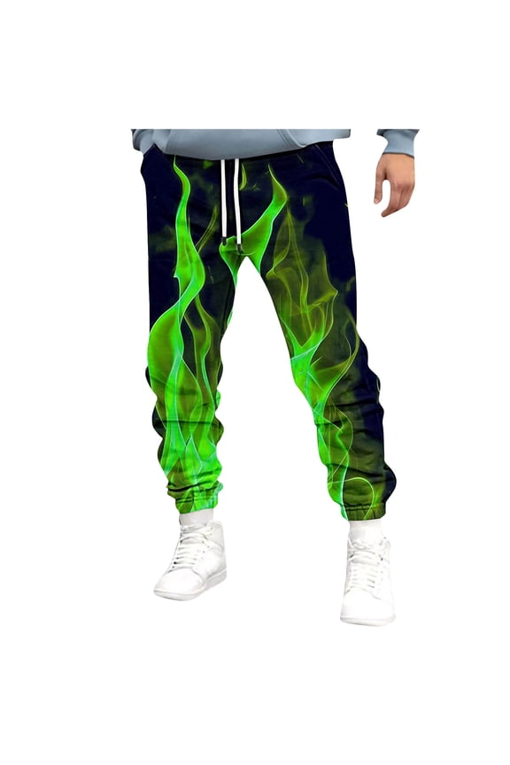 Men's Flame Printed Fashionable Sweatpants Elastic Waist Drawstring Jogger Athletic Workout Warm Pants Green
