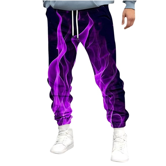 RYDCOT Men's Flame Printed Fashionable Sweatpants Elastic Waist Drawstring Jogger Athletic Workout Warm Pants Purple