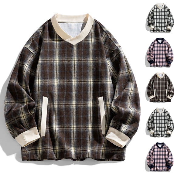 RYDCOT Men's Flannel Plaid Pullover Swearshirts Sweater Color Block Oversized Long Sleeve V Neck Vintage Sweater Spring Fall Pullover Tops White