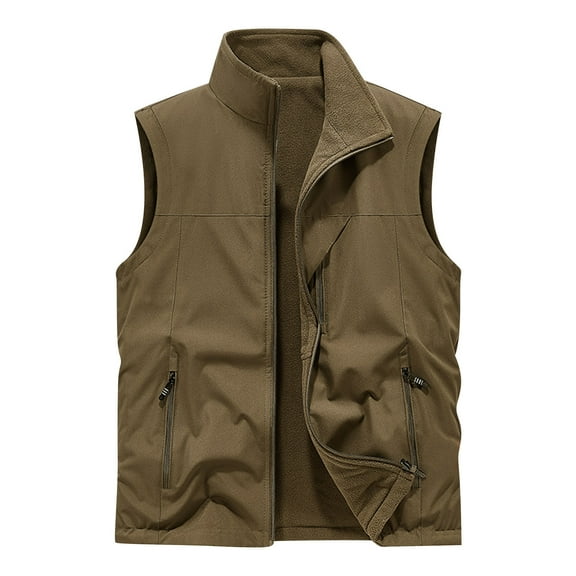 RYDCOT Men's Fleece Cardigan Vest, Full-Zip Lightweight Sleeveless Outdoor Plus Plush Warm Jacket with Zip Pockets Coffee