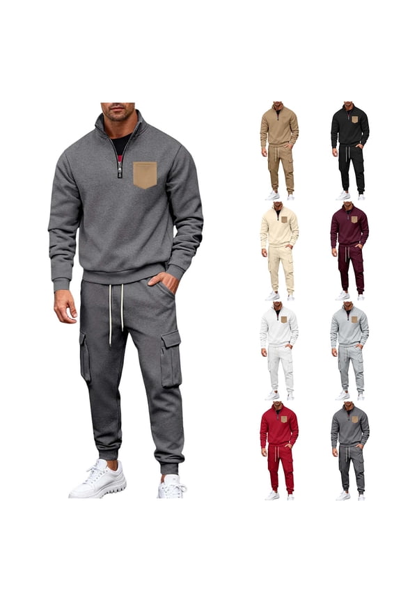 Men's Fleece Warm Track Suits 2 Piece Outfits Quarter Zipper Polo Shirt Tracksuit & Cargo Joggers Sweatpants Sweatsuit Sets White