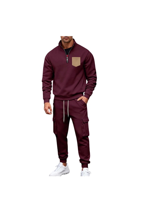 Men's Fleece Warm Track Suits 2 Piece Outfits Quarter Zipper Polo Shirt Tracksuit & Cargo Joggers Sweatpants Sweatsuit Sets Wine