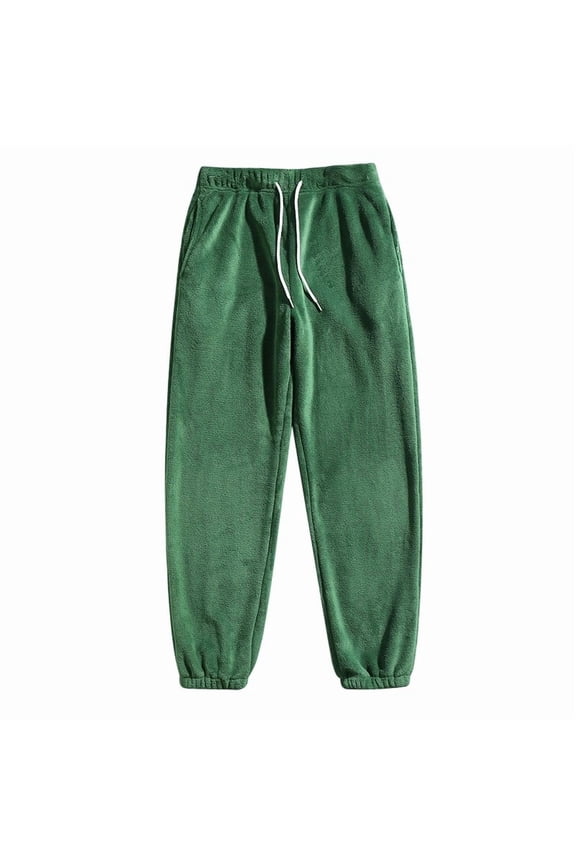 Men’s Fluffy Teddy Beam Feet Plush Fuzzy Warm Pajama Pants Sleepwear Loungewear Trouser with Pockets Green