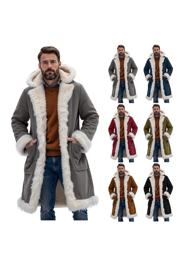 Men's Fuzzy Fleece Blanket Coat Jacket Winter Warm Fluffy Hoodie Outwear Long Hooded Cardigan Overcoat Red