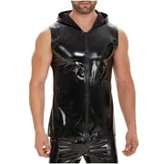 RYDCOT Men s Glossy Vintage Faux Leather Metallic Full Zip Hipster Hooded Vest Tank Sleeveless Jacket Shiny Slim Fit Stretch Top Wetlook Club Party Black