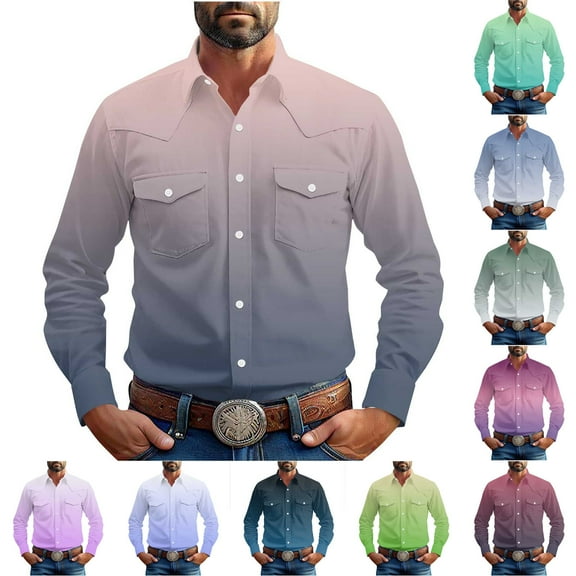 RYDCOT Men's Gradient Retro Long Sleeve Shirt Casual Fashion Turn-Down Collar Top Summer Watermelon Red