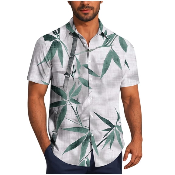 RYDCOT Men's Hawaiian Shirt Short Sleeves Bamboo Leaf Printed Button Down Summer Beach Casual Lapel Shirts Green