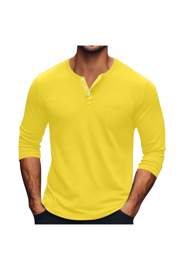 Men's Henley Shirt Fall Simple Crewneck Solid Color Slim Fit Long Sleeve T Shirts Button up Shirt Yellow