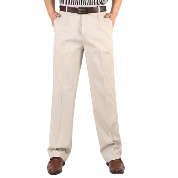 RYDCOT Men's High Waisted Double Pleated Pure Cotton Casual Pants Vintage Fit Straight Legs Business formal Slacks Pants Beige 14(XXXL)