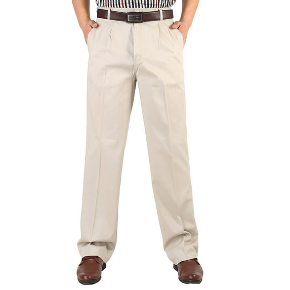 RYDCOT Men's High Waisted Double Pleated Pure Cotton Casual Pants Vintage Fit Straight Legs Business formal Slacks Pants Beige 6(M)