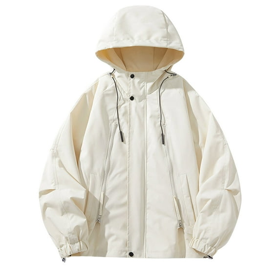RYDCOT Men's Hooded Jacket Outdoor Waterproof Lightweight Windproof Long Sleeved Hooded Workwear Jacket Beige