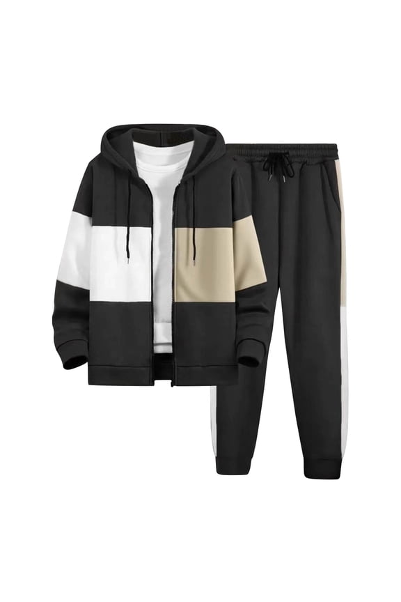 Men's Hooded Tracksuit Casual 2 Pieces Suits Color Block Hoodies and Sweatpants Set Black