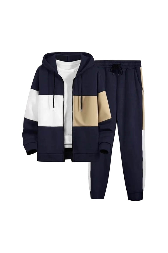 Men's Hooded Tracksuit Casual 2 Pieces Suits Color Block Hoodies and Sweatpants Set Navy