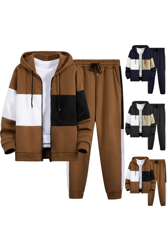 Men's Hooded Tracksuit Casual 2 Pieces Suits Color Block Hoodies and Sweatpants Set Navy