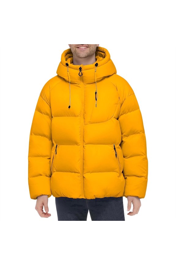 Men's Hooded Winter Lightweight Quilted Cotton Puffer Jacket Thickened Winter Wind Resistant Coat Fleece Warm Ski Bubble Coat Outerwear Cold Weather Orange