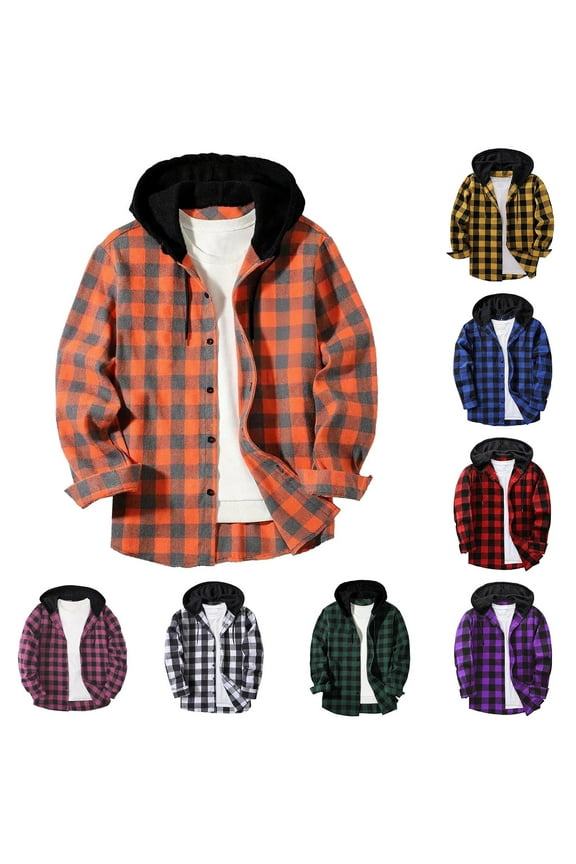Men's Hoodie Shirt Long Sleeve Plaid Shirt Casual Classic Button Long Sleeved Hooded Top Yellow