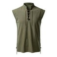 thumbnail image 1 of RYDCOT Men's Imitation Cotton Linen Retro Pullover Top Shirt Sleeveless Lace up Solid Color Stand up Collar Vest Tee Army Green, 1 of 5