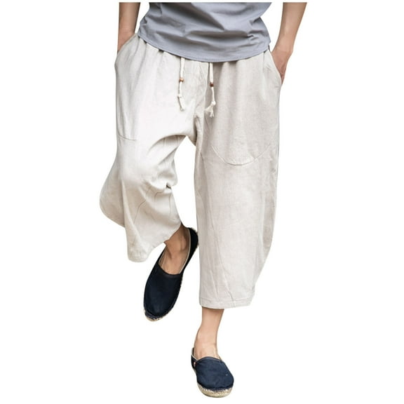 RYDCOT Men's Imitation Cotton and Linen Capri Pants Lightweight Loose Drawstring Elastic Waist Casual Trousers Beige M(M)